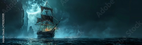 big pirate ship in dark night under a moonlight