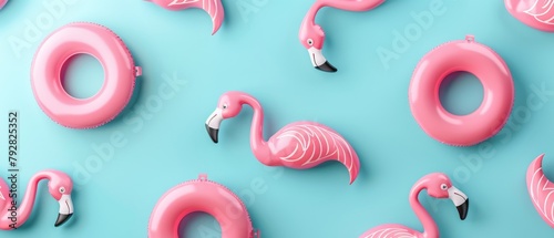 This is a 3D rendering of a flamingo float pattern on a blue background. Summer concept.