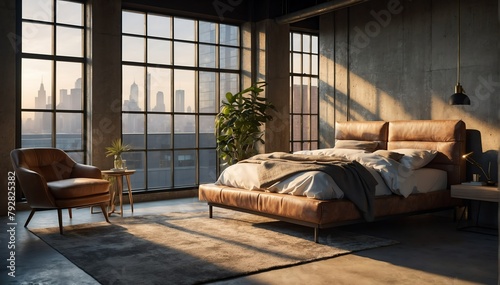 industrial style penthouse bedroom luxury unit and mor theme penthouse bedroom luxury unit and morning sunlight rays from Generative AI photo