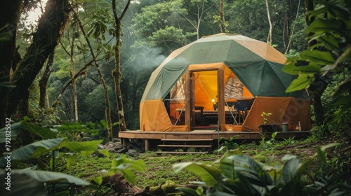 In the midst of a dense forest a charming geodesic dome offers a peaceful sanctuary for weary travelers seeking a restorative sleep amidst the beauty of the outdoors. 2d flat cartoon.