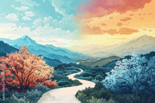 A landscape divided by a winding unpaved road one side flourishing and the other barren an allegory for inequality painted with soft contrasting hues photo