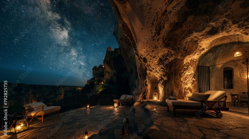 Step onto your private terrace to take in the mesmerizing views of the starry sky above the cave hotel lulling you into a deep sleep. 2d flat cartoon.