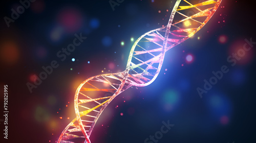 Human DNA structure, 3D illustration of helical DNA molecule on the colorful bokeh background  photo