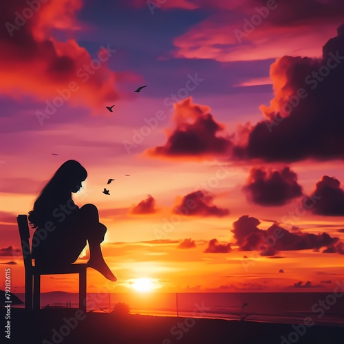 silhouette illustration of a sad girl sitting on a chair facing the beach, towards the sunset ai generative