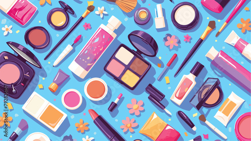 Top view of various makeup decorative cosmetics pro