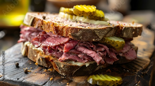 Sandwich with roast beef, pickled cucumber and mayonnaise