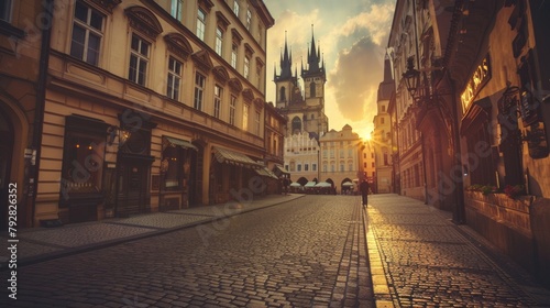 A city street with a large building in the background photo