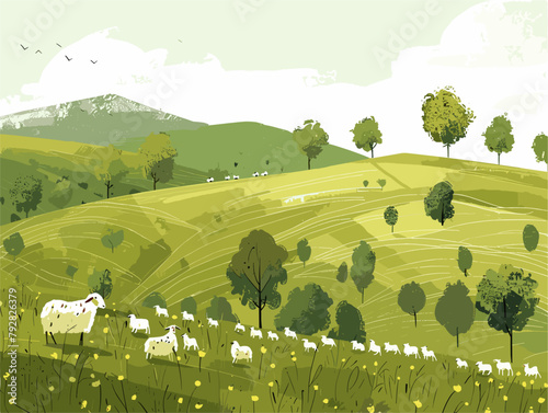Shepherd Guiding his Flock: A Tranquil Countryside Idyll with Animated Illustrations