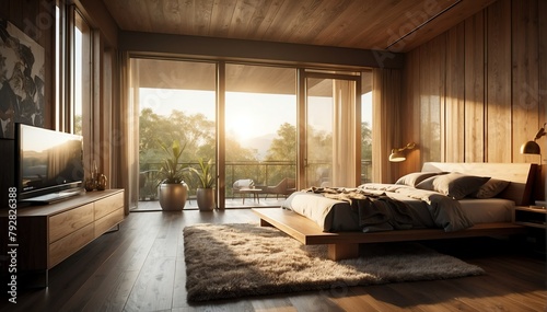 modern wood theme penthouse bedroom luxury unit and morning sunlight rays from Generative AI