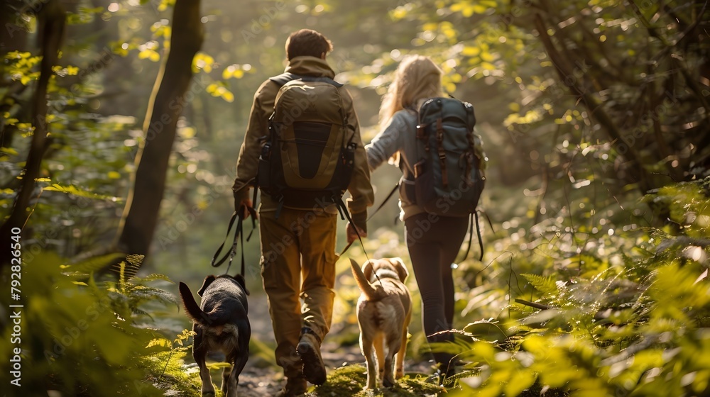 Hiking Couple with Their Rescue Dogs Explore Lush Forest Bathed in Dappled Sunlight Radiating Adventure and Shared Outdoor Experiences