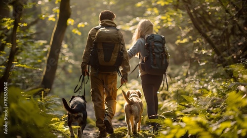 Hiking Couple with Their Rescue Dogs Explore Lush Forest Bathed in Dappled Sunlight Radiating Adventure and Shared Outdoor Experiences