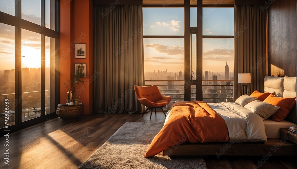 orange wood theme penthouse bedroom luxury unit and morning sunlight rays from Generative AI