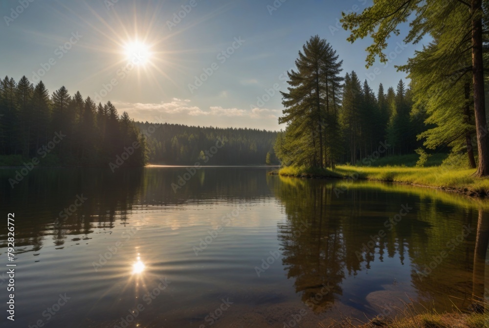 Summer in the forest, lake, bright sun