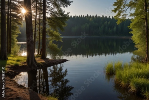 Summer in the forest, lake, bright sun