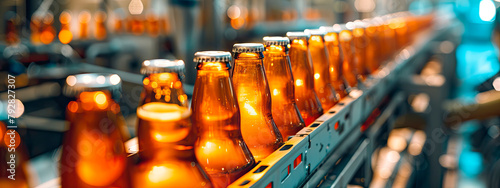 bottles of beer on production tape. Selective focus.