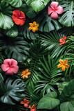 A close up of a bunch of tropical leaves and flowers, AI