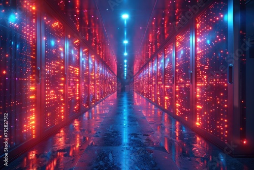 A futuristic server room with quantum computers, the backbone of a startup focusing on solving complex data problems