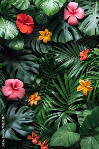 A close up of a bunch of tropical leaves and flowers  AI