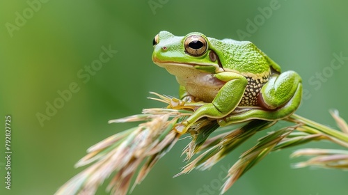 Generate an image of a European tree frog, Hyla arborea, perched on a grass straw with a clear green background