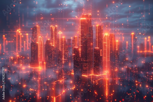 A holographic firewall surrounding a digital city, representing advanced cyber protection measures