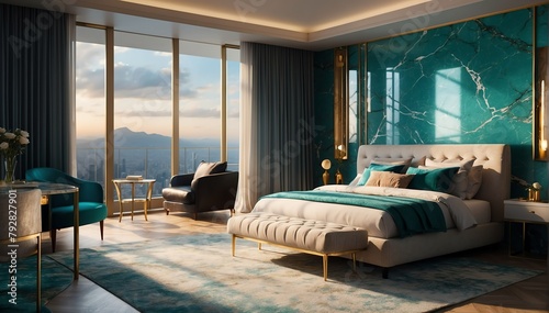 teal marble penthouse bedroom luxury unit and morning theme penthouse bedroom luxury unit and morning sunlight rays from Generative AI © SevenThreeSky