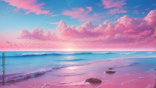 The image shows the beach with pink sand and pink water. The sky is blue with pink clouds. There are some rocks on the beach and the waves are crashing on the shore.

 photo