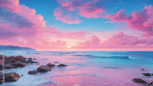 The image shows the beach with pink sand and pink water. The sky is blue with pink clouds. There are some rocks on the beach and the waves are crashing on the shore.


