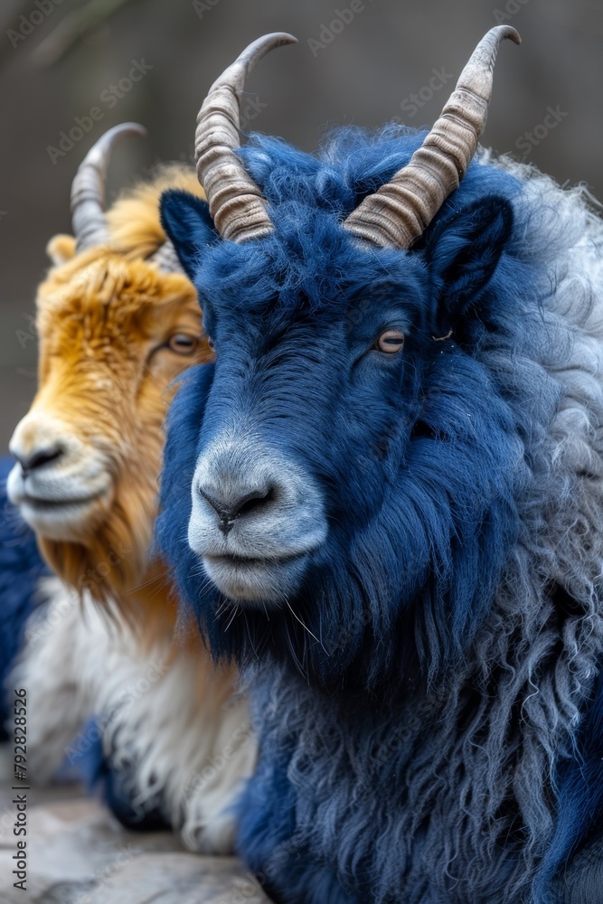 Two goats with horns are laying down next to each other, AI Two goats with horns are laying down next to each other, AI