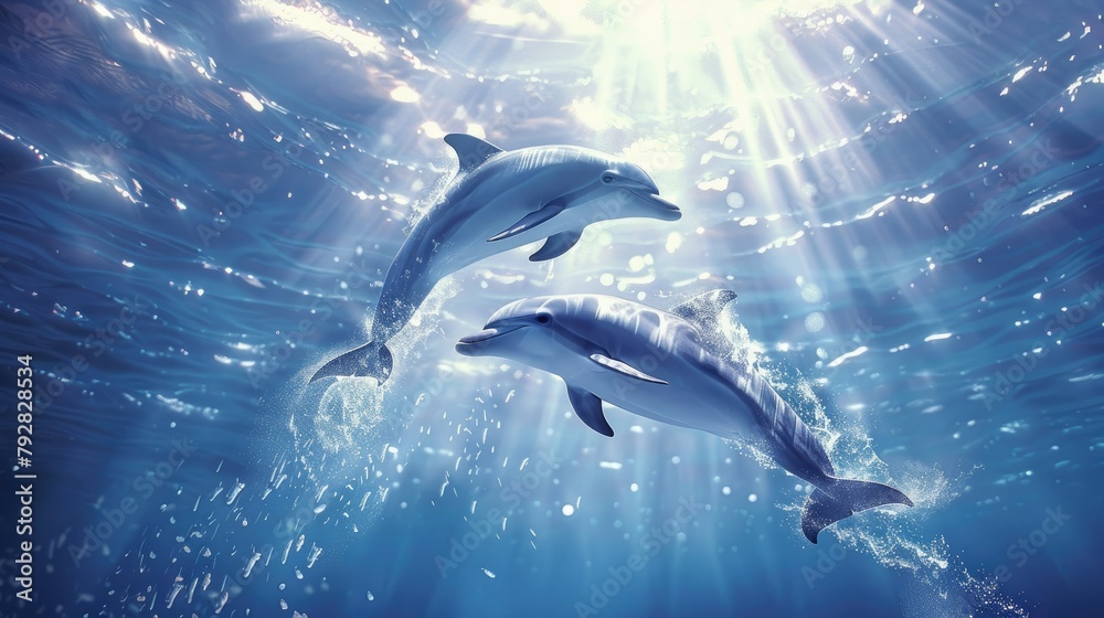 Illuminate the marine spectacle of two dolphins dancing through the daylight waves.