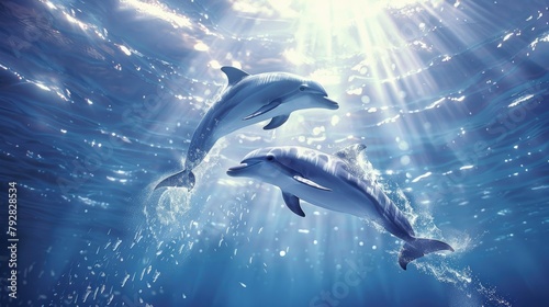 Illuminate the marine spectacle of two dolphins dancing through the daylight waves. © lara