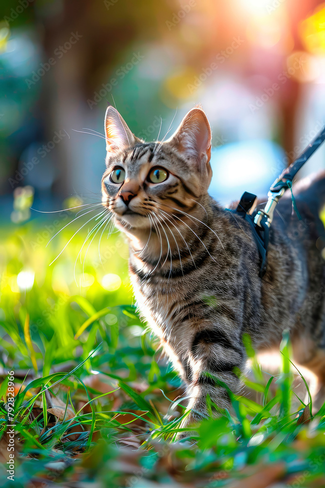 Fototapeta premium the cat walks on a leash in the park. Selective focus.