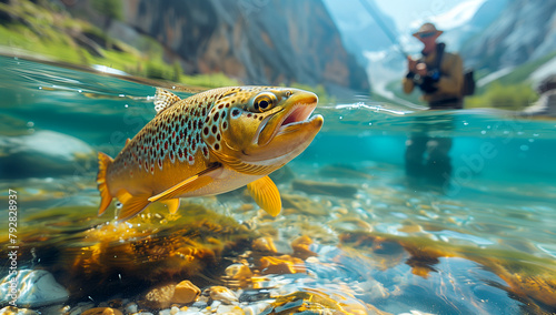 A man is fishing in a river with a brown and white fish in the water photo