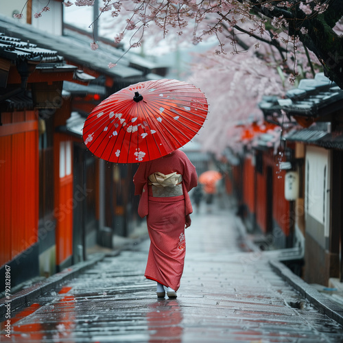 Traditional Japanese Woman with Red Umbrella Walking in Cherry Blossom Street