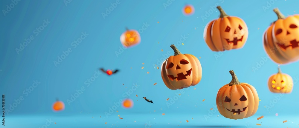 Halloween pumpkins floating on blue background. 3D rendering