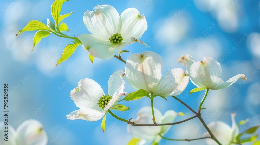 Flowering Dogwood: Close-up of White Blossom on Branch Against Blue Sky Flowering Dogwood: Close-up of White Blossom on Branch Against Blue Sky