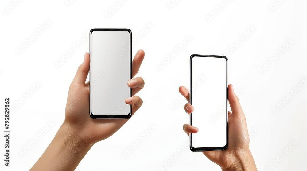 Woman holding black smartphone with blank screen and modern frameless ...