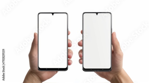 In two positions, vertically and rotated - isolated on a white background, a man is holding a blank black smartphone screen with a modern frameless design photo