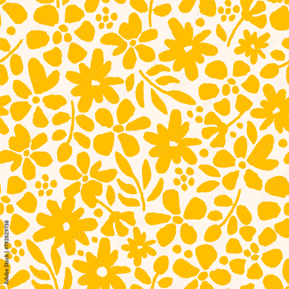 Simple floral vector seamless pattern. Bright orange flowers, foliage on a light background. For fabric prints, textile products, summer clothes.
