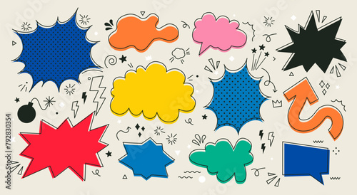 Set of colorful empty speech bubbles, arrows, sparkle element. Explosion. Doodles. Vector illustration. Banner, poster, sticker concept