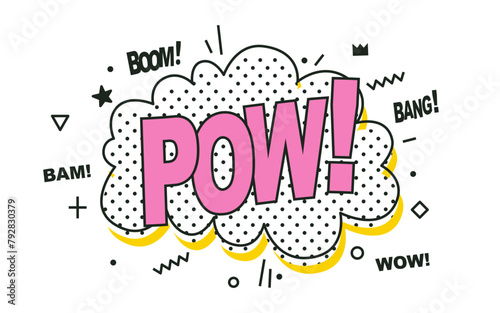 Expression ballon with text Pow. Pow speech bubble with polka dots and doodles on white background. Vector illustration, vintage design, pop art style. Comic bam boom bang vector element
