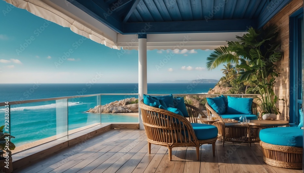blue theme private luxury balcony with view of the beach from Generative AI