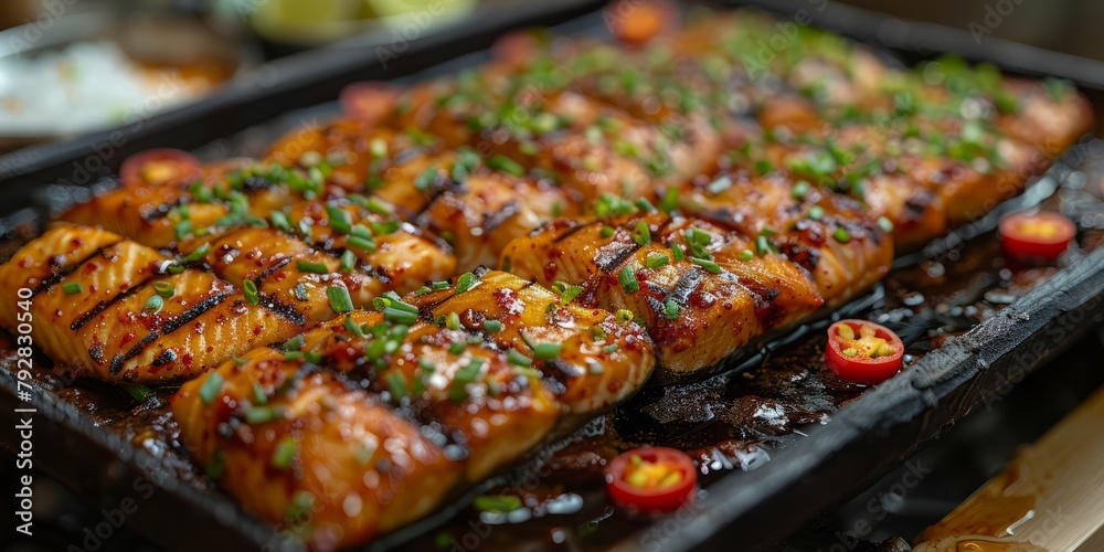 Grilled salmon fish with various vegetables on pan on the flaming grill Grilled salmon fish with various vegetables on pan on the flaming grill