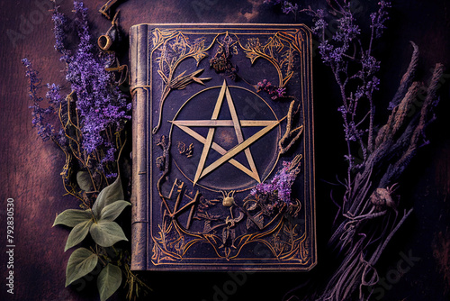 Vintage Grimoire With Pentacle Emblazoned Cover Surrounded by Purple Flowers and Herbs