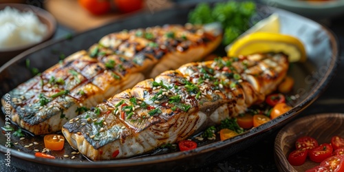 Grilled salmon fish with various vegetables on pan on the flaming grill
