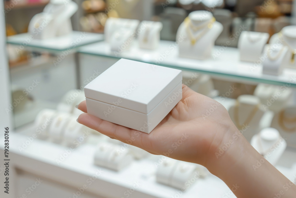 Person holding a closed white jewelry box in a store