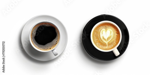 Top View of Hot Drink in Coffe Cup Isolated - Cappuccino, Espresso, Latte, with White Scum, Black Cups photo