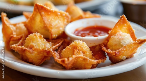 Fried Wontons with Crab Rangoon Filling. Chinese Appetizer Served on a Plate with Tangy Red Sauce photo