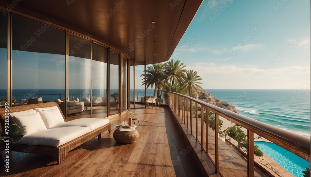 bronze theme private luxury balcony with view of the beach from Generative AI