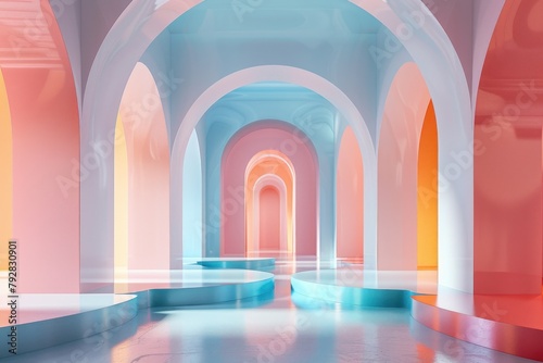 A vibrant corridor of pastel archways and reflective podiums creates an inviting and futuristic space.