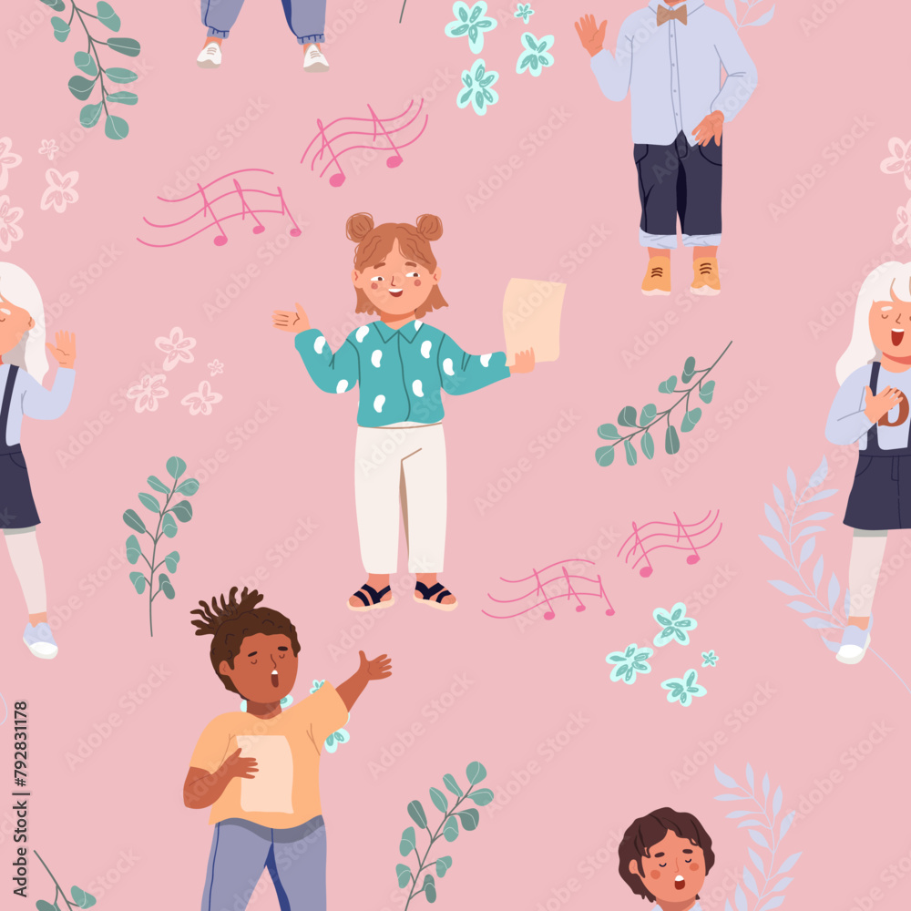 Seamless pattern with a group of happy singing children. Cute children of different races singing a song together. Preschool children singing in a choir. Seamless pattern with a group of happy singing children. Cute children of different races singing a song together. Preschool children singing in a choir.